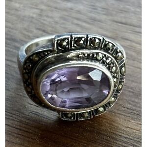 Vintage 925 Sterling Silver Genuine Amethyst & Marcasite Gemstone Ring Size 6.25